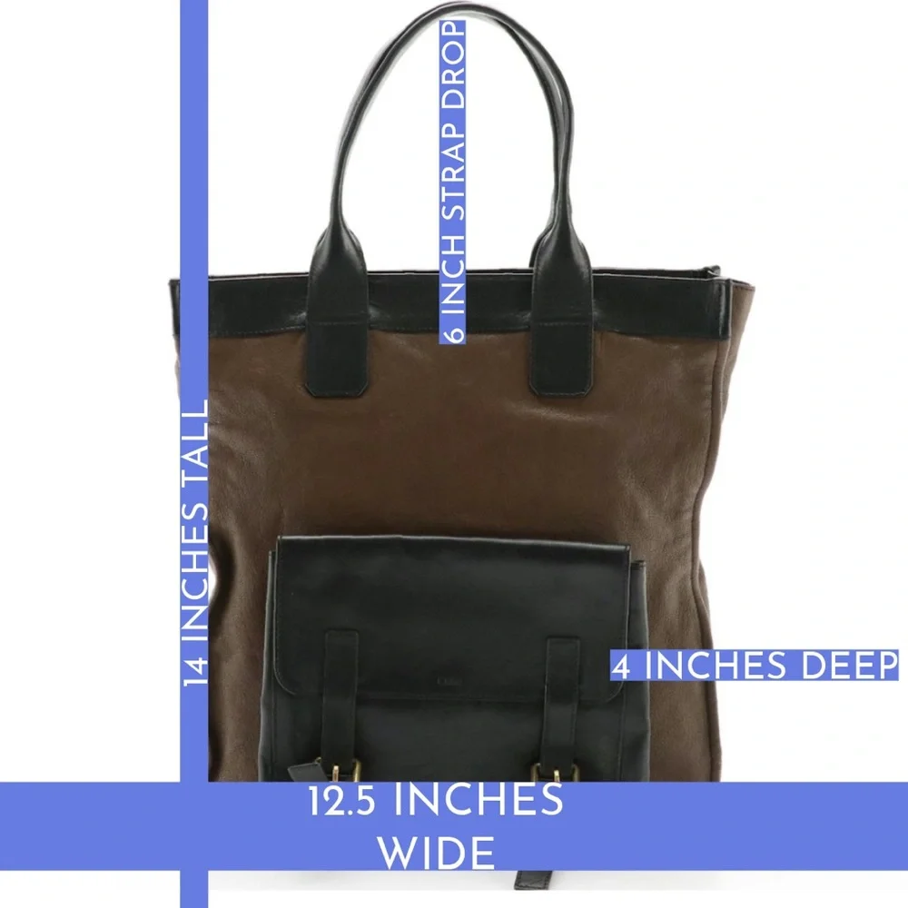 CHLOE FRONT POCKET TOTE BAG IN BROWN & BLACK LEATHER W/DETACHABLE POUCH